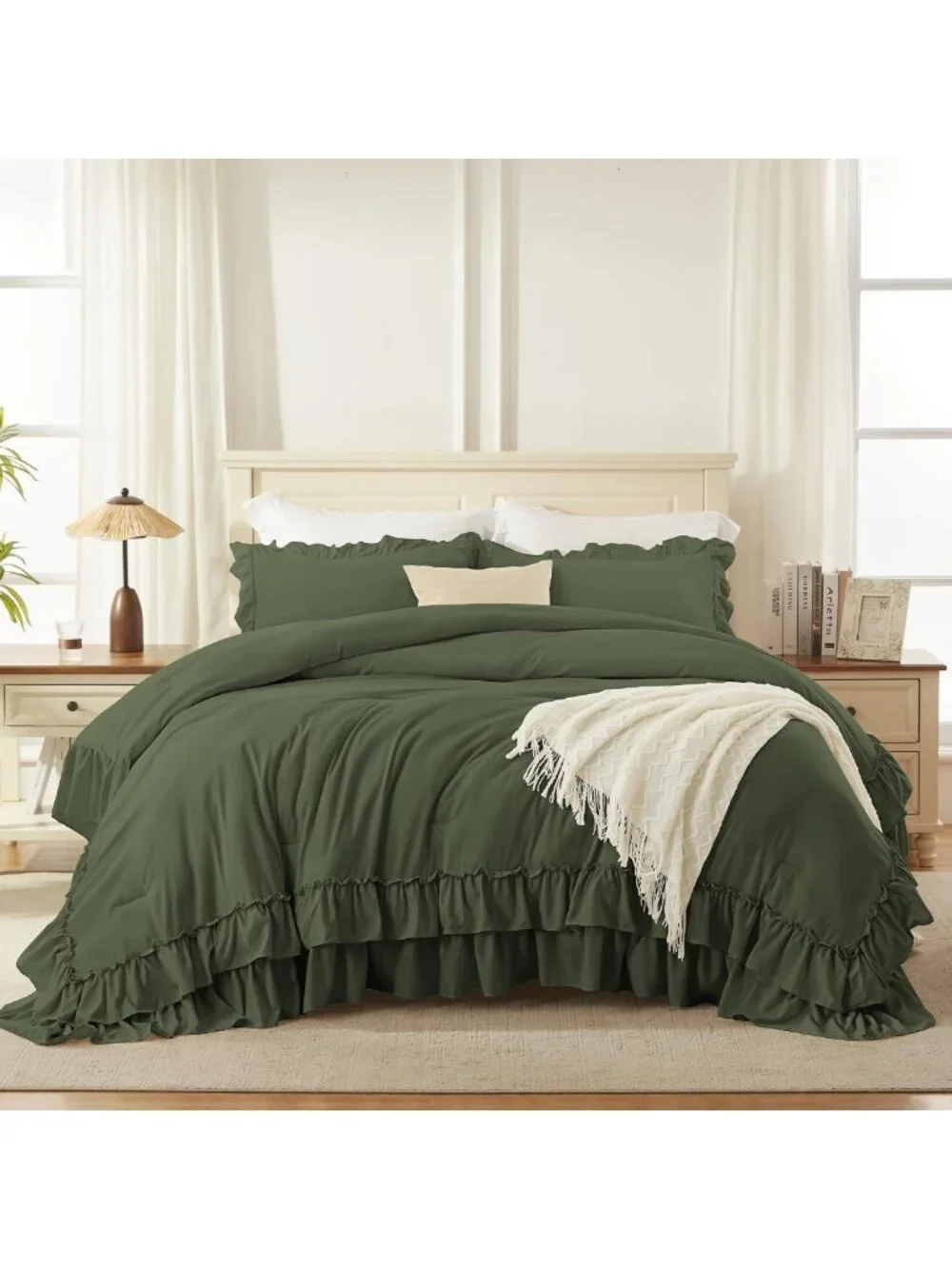 Olive Green Ruffle King Comforter Set - 3 Piece Solid Bedding for Cozy Home